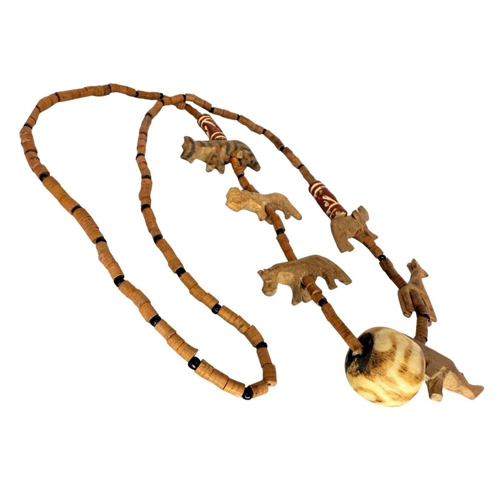 Vintage African Carved Animal Wood Beaded Necklace 29" Wild Safari Trade - Picture 8 of 12